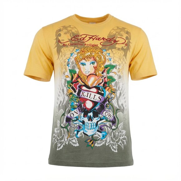 Ed Hardy - VINTAGE Y2K- RHINESTONE TATTOO Graphic Tee- Mens SZ Large 💀🌹✨ - Picture 1 of 4